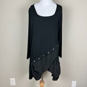 SUN KIM Tunic Top Womens Medium Black Lagenlook Asymmetrical Mixed Media Grommet